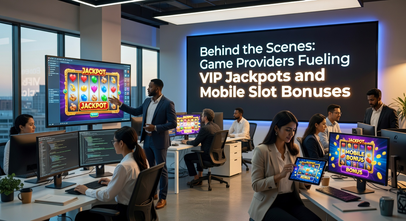 Detaillierte Grafik eines Game-Providers, der Jackpots und Boni in Echtzeit speist, mit leuchtenden Slots und VIP-Symbolen im Vordergrund