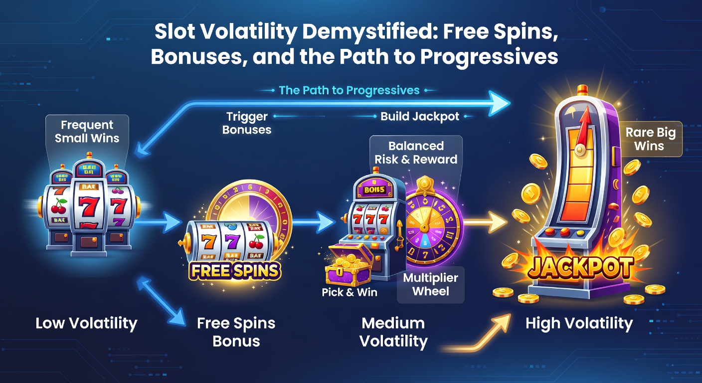 Detaillierte Darstellung eines Slot-Bonus-Rads mit Freispiel-Symbolen, Bonus-Multiplikatoren und einem Progressiv-Jackpot-Meter, das den Übergang von Basisspiel zu großen Gewinnen zeigt