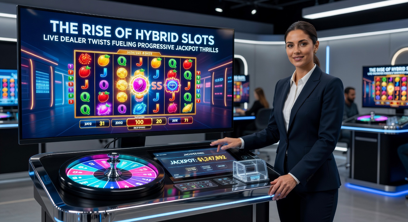 Nahaufnahme eines Live-Dealers, der ein progressives Jackpot-Roulette-Wheel dreht, umgeben von digitalen Slot-Elementen und jubelnden Spieler-Icons